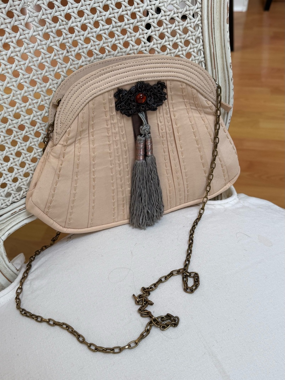 Beige Tassel Wristlet Crossbody Bag with Antique Chain
